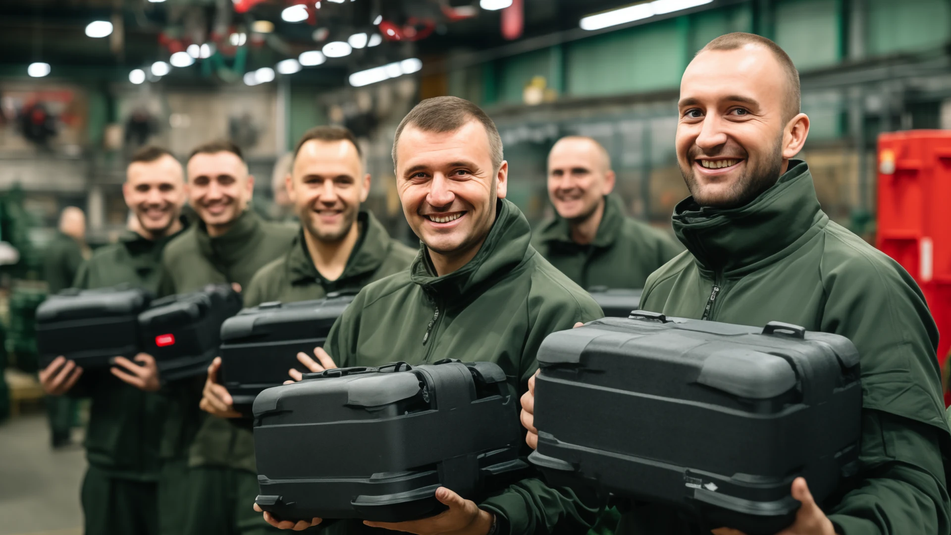 Команда Антидрон Україна на виробництві з готовими комплексами у захисних кейсах