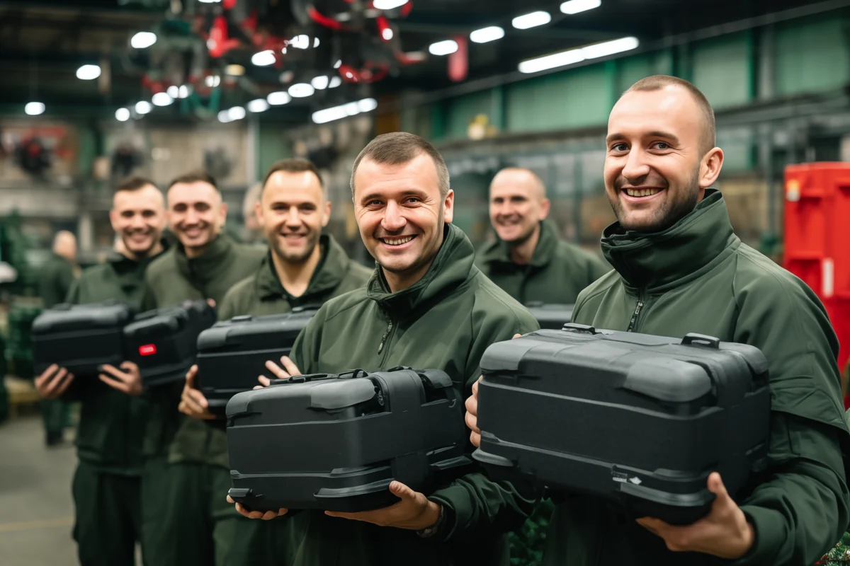 Команда Антидрон Україна на виробництві з готовими комплексами у захисних кейсах